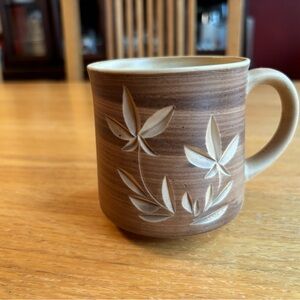 Vintage Pottery Coffee Mug Brown Carved Floral Design Japan